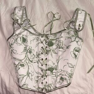 Floral Lace-Up Crop Top - Green and White